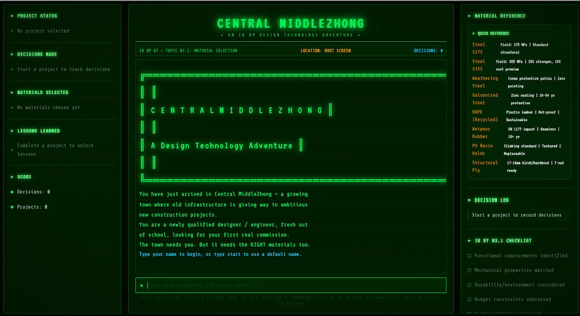 Central Middlezhong material selection text adventure preview